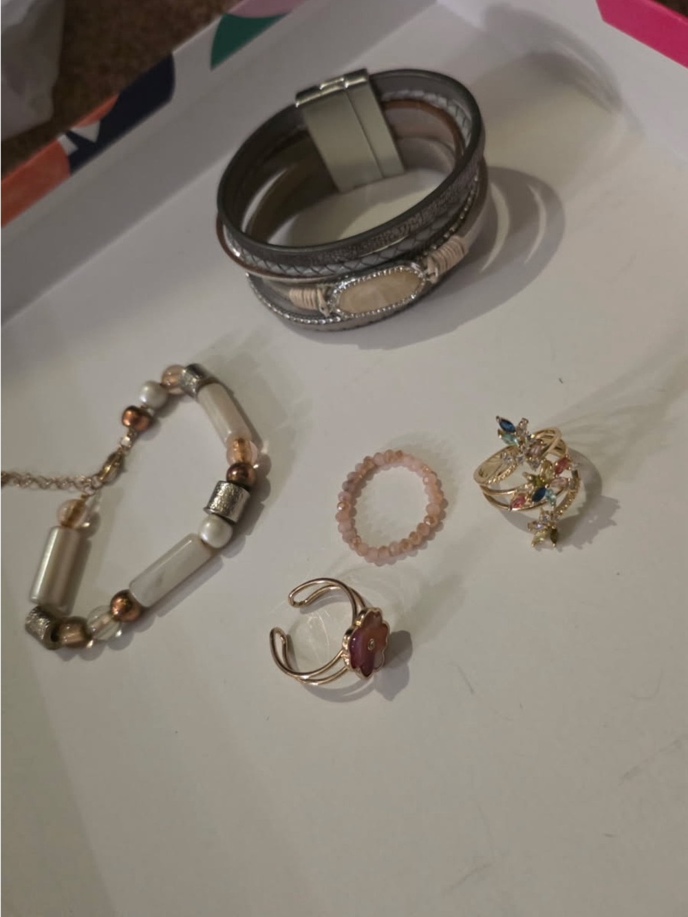 Gold-Tone Pink Bead and Multistone Women's Ring and bracelet set